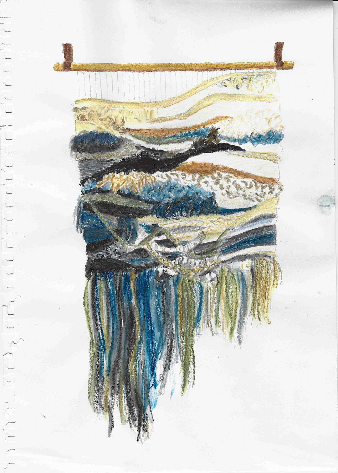 A handmade textile wall hanging or tapestry suspended from a wooden dowel, featuring layered abstract brushstrokes and fringed strands in blue, beige, black, white, and brown on a white background.