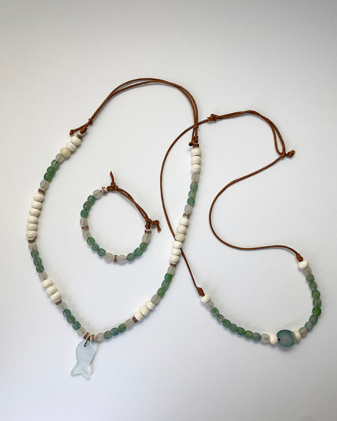 Sea glass and bone necklace set